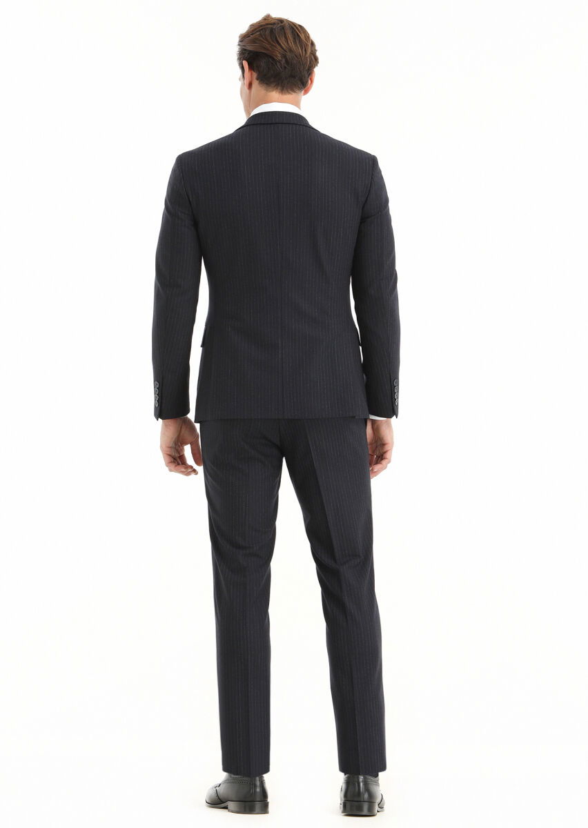Lacivert Çizgili Zeroweight Slim Fit Yün Karışımlı Takım Elbise - 5