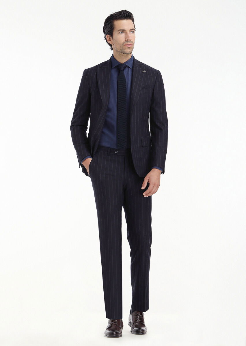 Lacivert Çizgili Zeroweight Slim Fit Yün Karışımlı Takım Elbise - 1