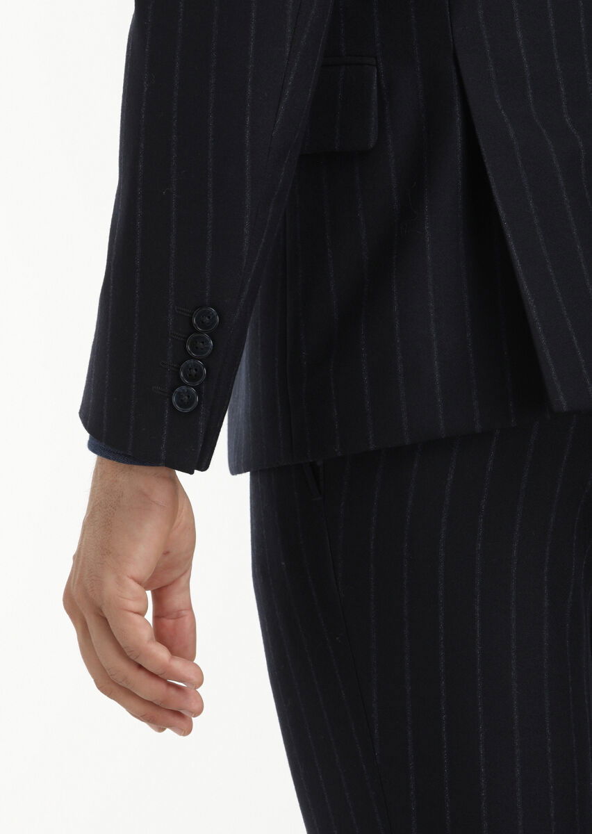 Lacivert Çizgili Zeroweight Slim Fit Yün Karışımlı Takım Elbise - 4