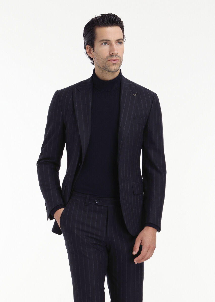 Lacivert Çizgili Zeroweight Slim Fit Yün Karışımlı Takım Elbise - 6