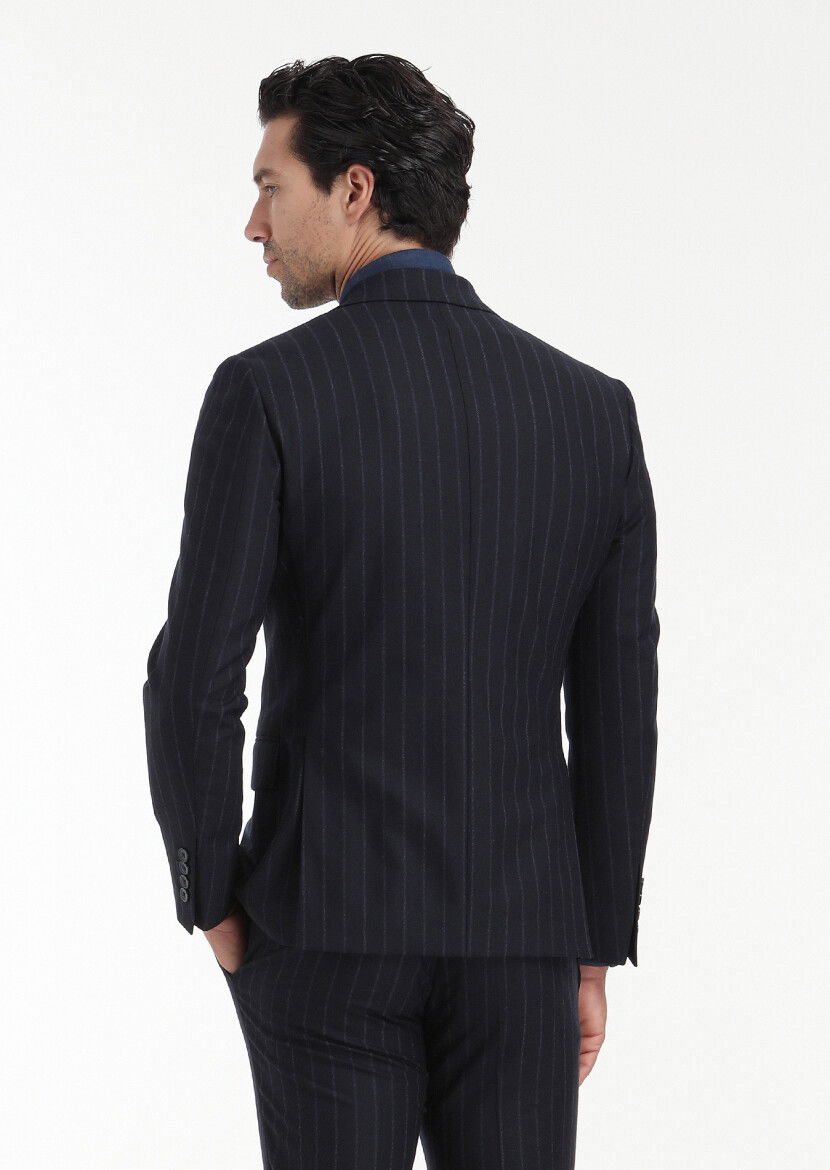 Lacivert Çizgili Zeroweight Slim Fit Yün Karışımlı Takım Elbise - 8