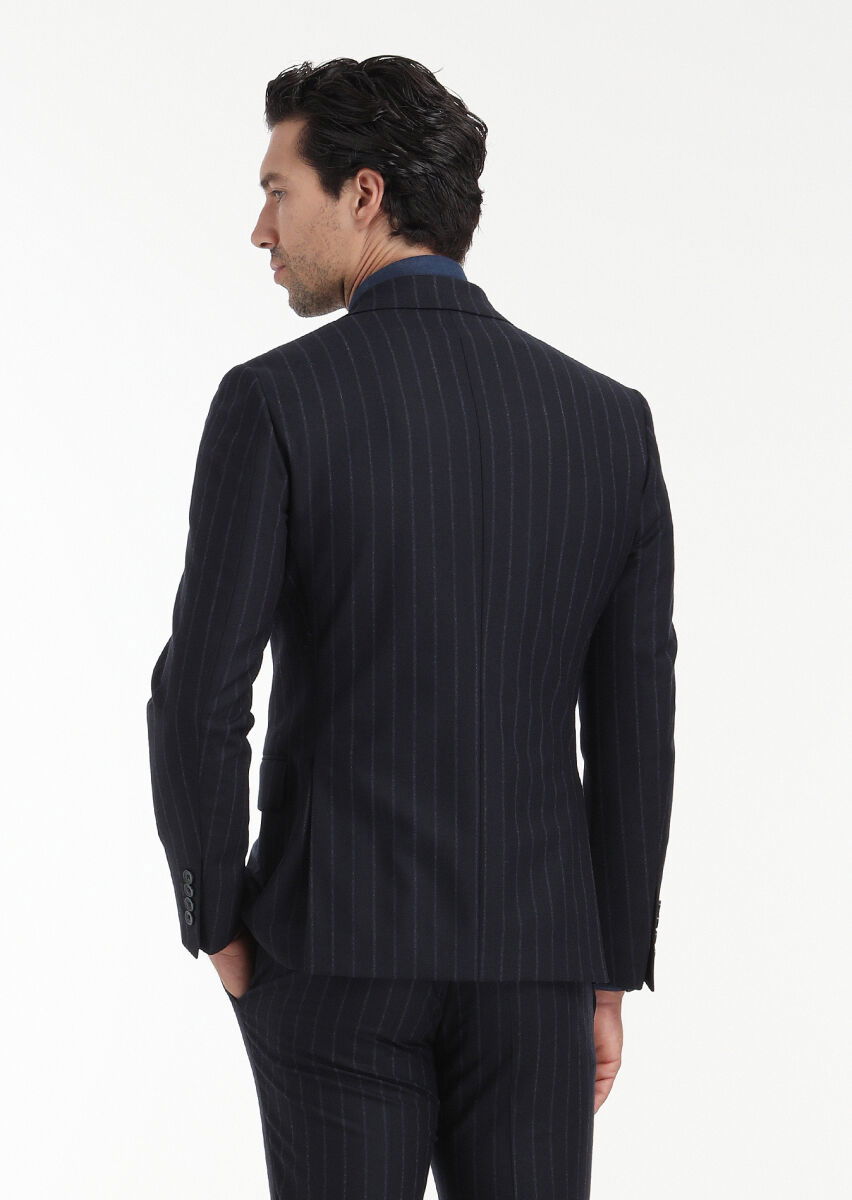 Lacivert Çizgili Zeroweight Slim Fit Yün Karışımlı Takım Elbise - 8