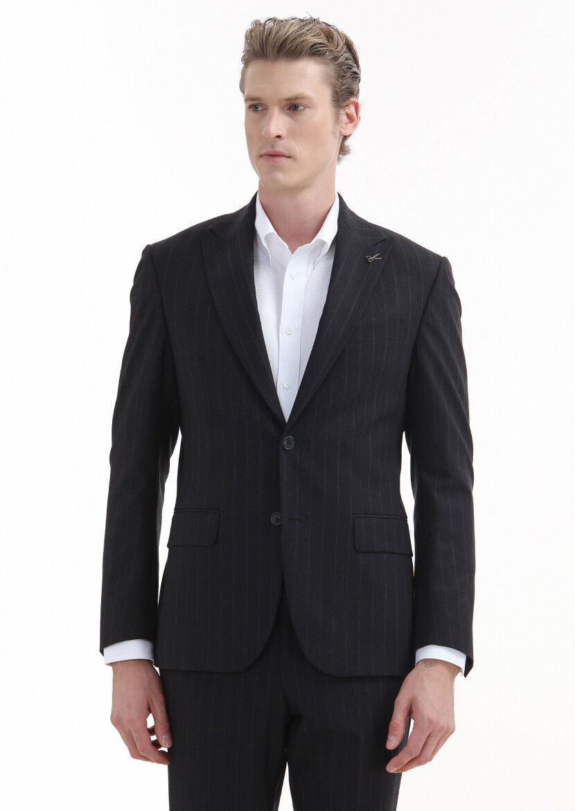 Lacivert Çizgili Zeroweight Slim Fit Yün Karışımlı Takım Elbise - 2