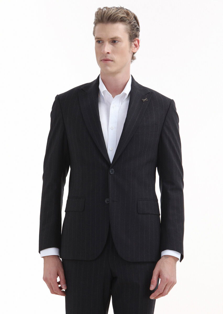 Lacivert Çizgili Zeroweight Slim Fit Yün Karışımlı Takım Elbise - 2