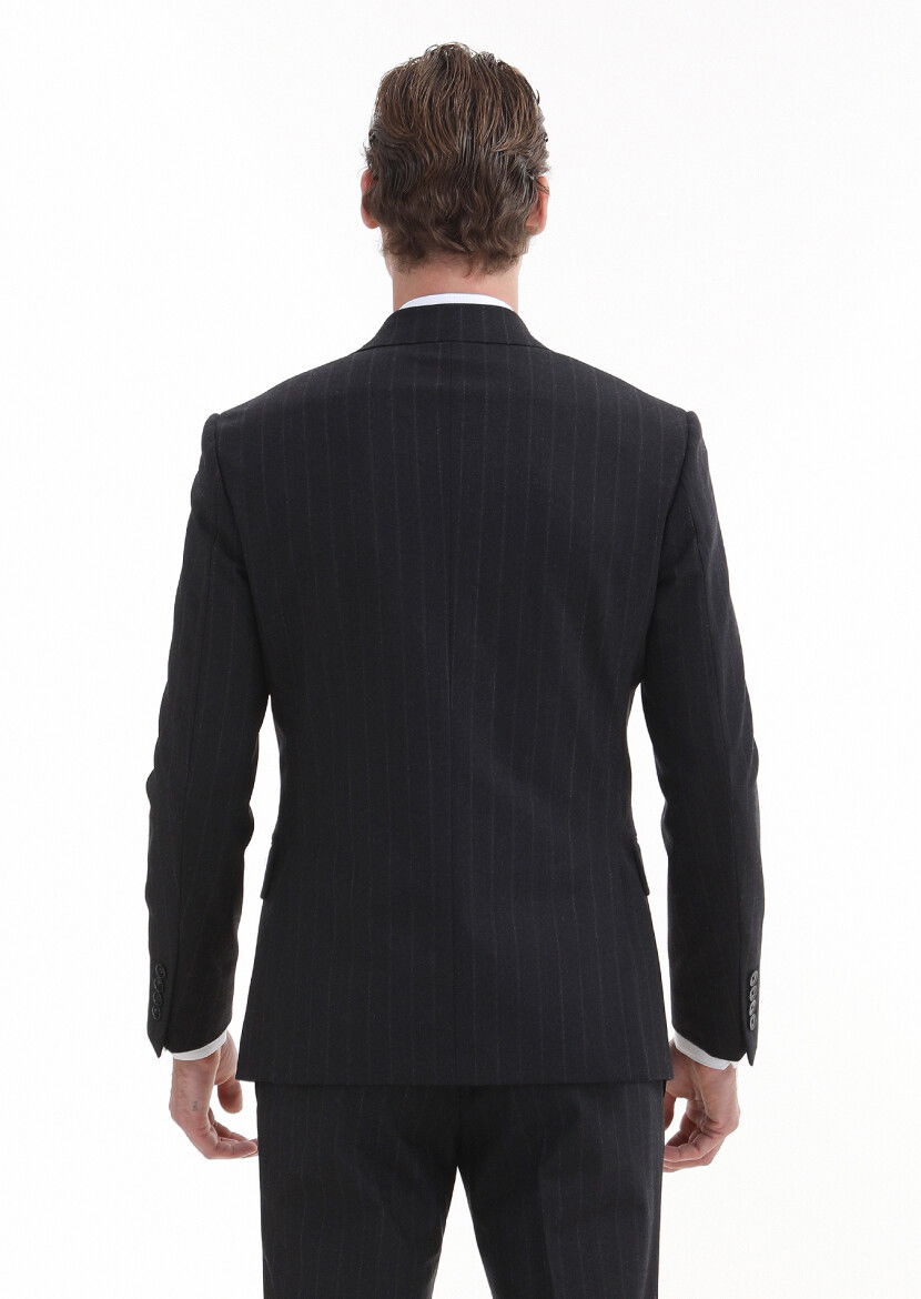 Lacivert Çizgili Zeroweight Slim Fit Yün Karışımlı Takım Elbise - 5