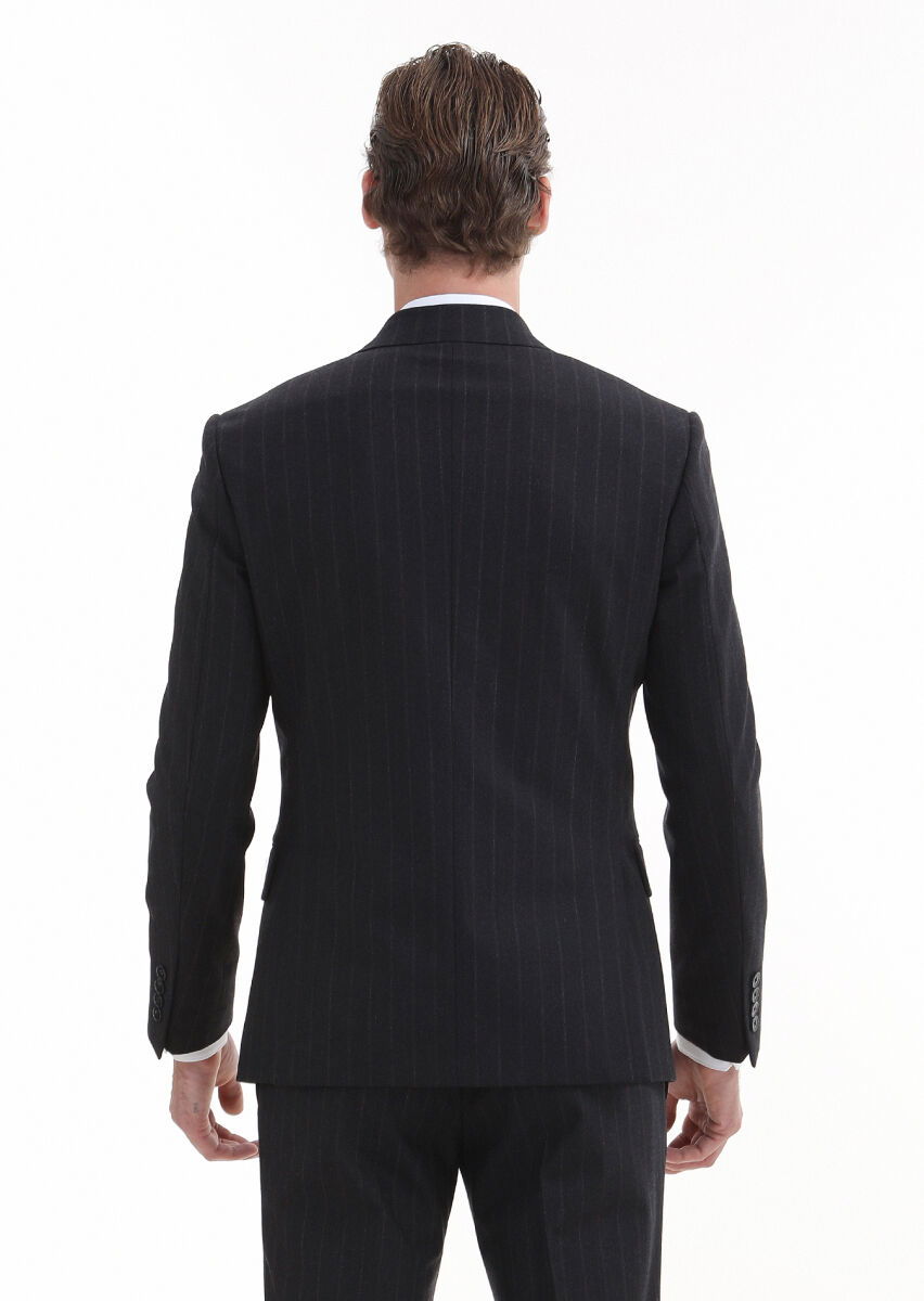 Lacivert Çizgili Zeroweight Slim Fit Yün Karışımlı Takım Elbise - 5