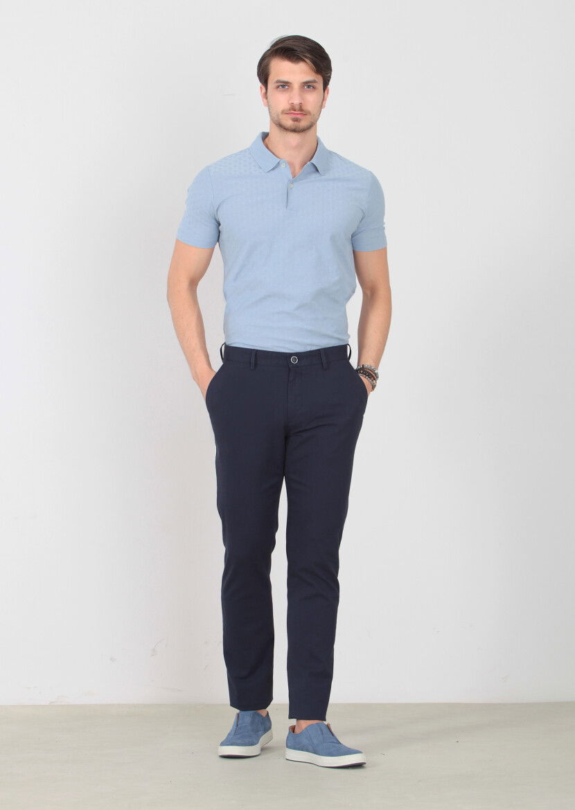 Lacivert Desenli Dokuma Regular Fit Casual Pamuk Karışımlı Pantolon - 1