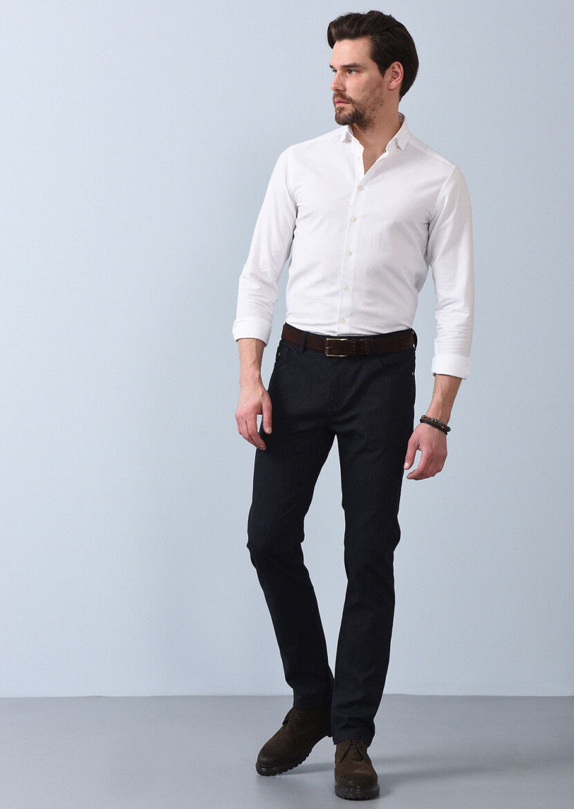 Lacivert Desenli Dokuma Slim Fit Casual Pamuk Karışımlı Pantolon 