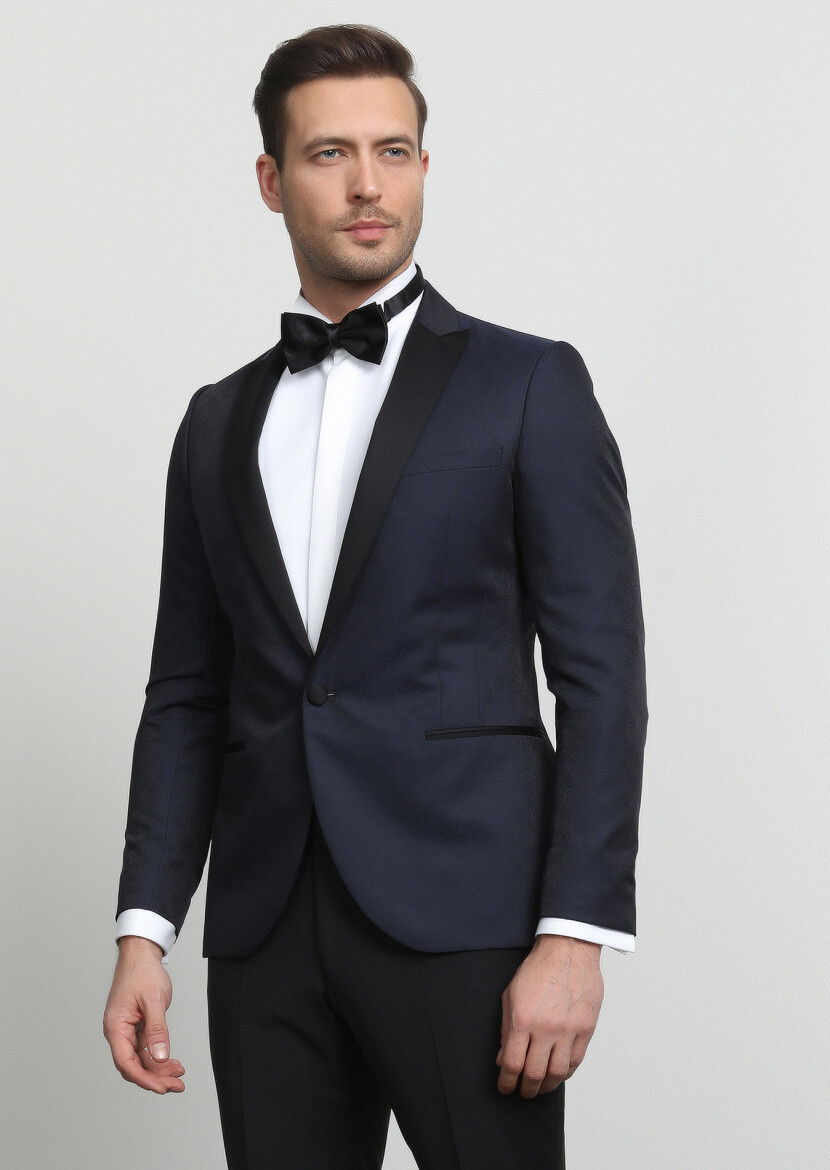 Lacivert Desenli Fashion Slim Fit Kruvaze Yaka Dokuma Smokin Takım Elbise - 1