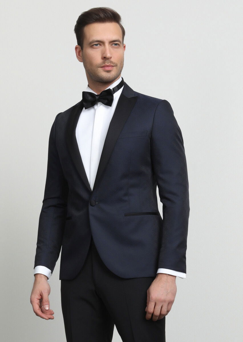 Lacivert Desenli Fashion Slim Fit Kruvaze Yaka Dokuma Smokin Takım Elbise - 1