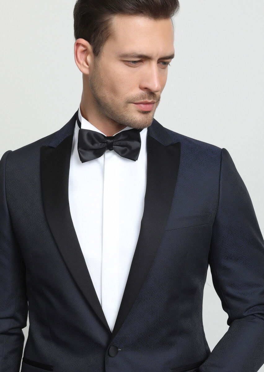 Lacivert Desenli Fashion Slim Fit Kruvaze Yaka Dokuma Smokin Takım Elbise - 2