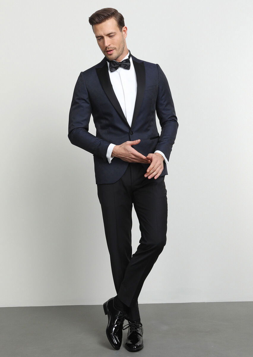 Lacivert Desenli Fashion Slim Fit Kruvaze Yaka Dokuma Smokin Takım Elbise - 3