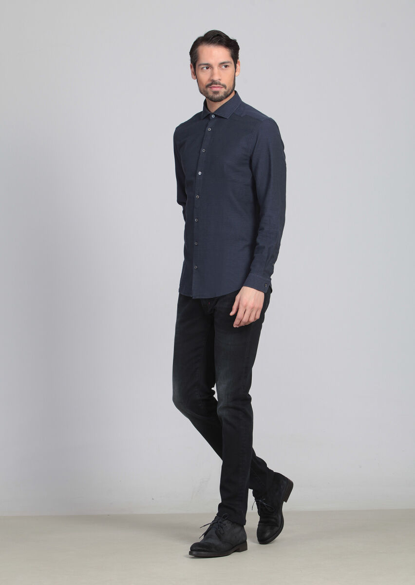 Lacivert Desenli Fitted Fit Dokuma Casual %100 Pamuk Gömlek - 3