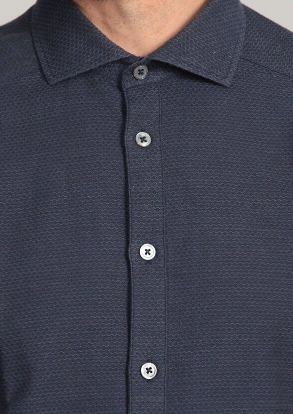 Lacivert Desenli Fitted Fit Dokuma Casual %100 Pamuk Gömlek - 4