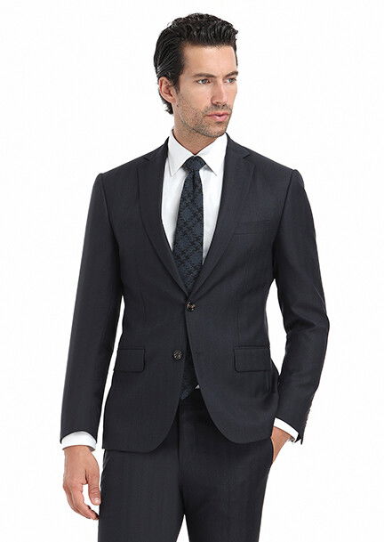 Lacivert Desenli Modern Fit %100 Yün Takım Elbise - 4