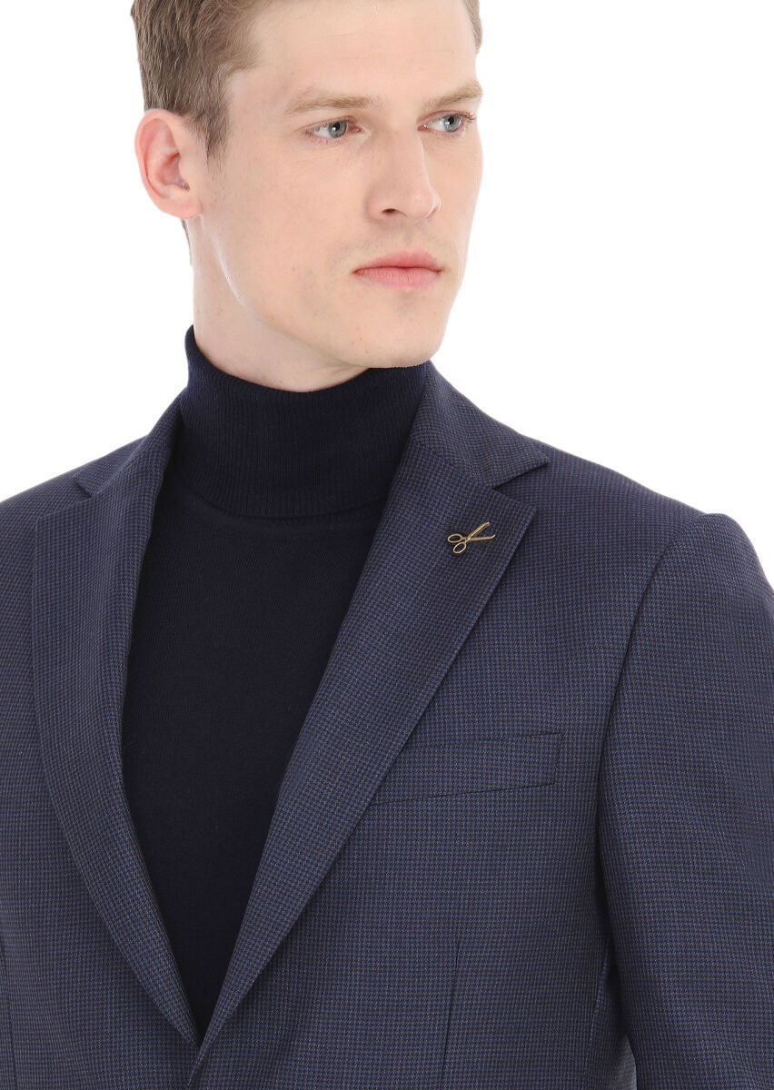 Lacivert Desenli Modern Fit %100 Yün Takım Elbise - 4