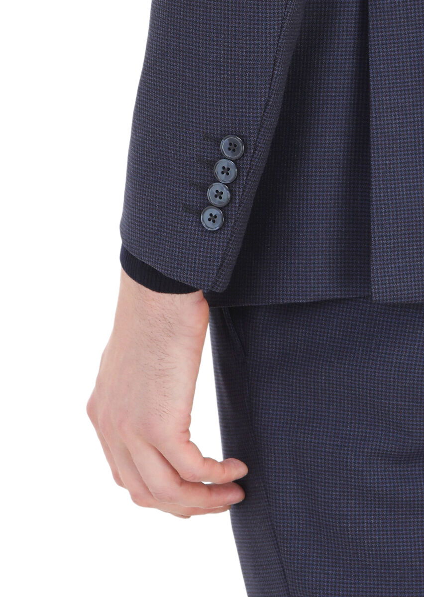 Lacivert Desenli Modern Fit %100 Yün Takım Elbise - 5