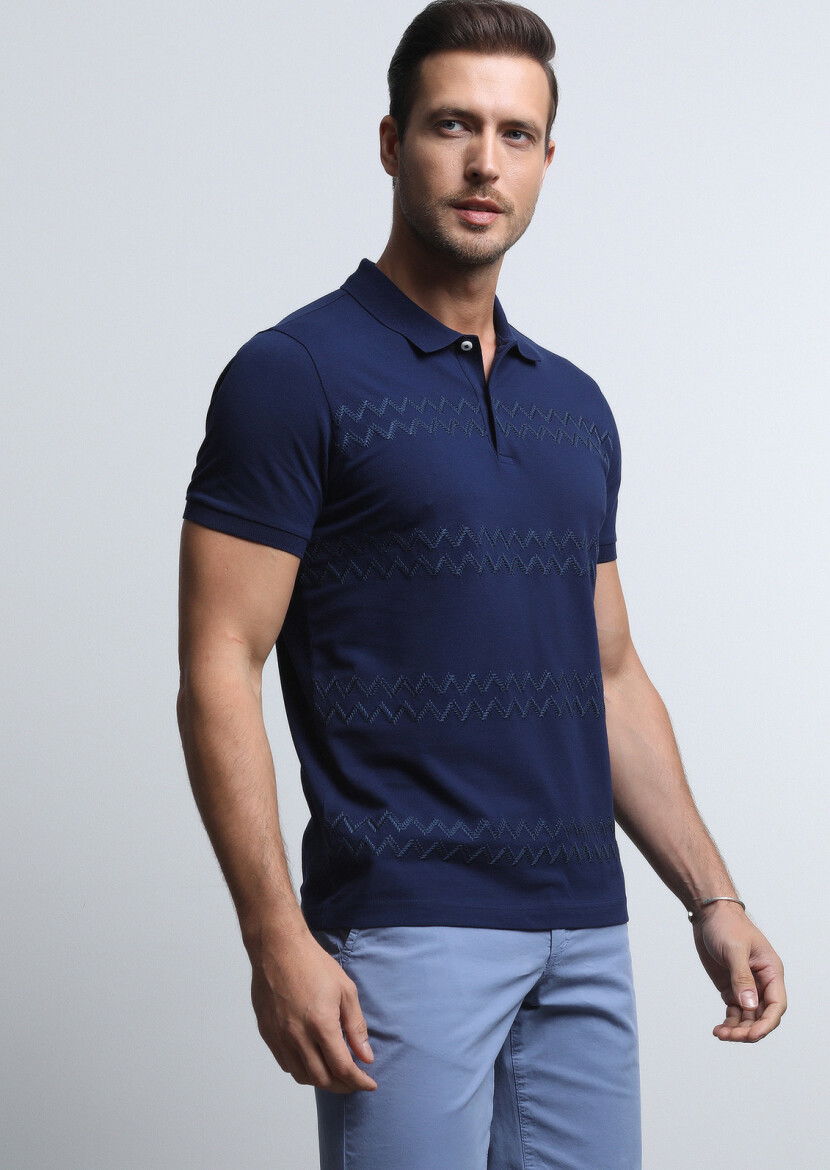 Lacivert Desenli Polo Yaka %100 Pamuk T-Shirt - 1