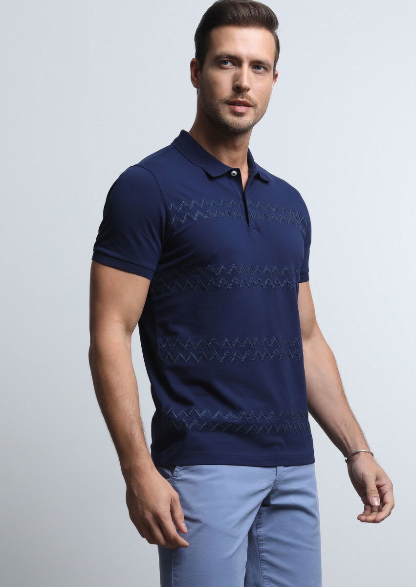 Lacivert Desenli Polo Yaka %100 Pamuk T-Shirt - 1