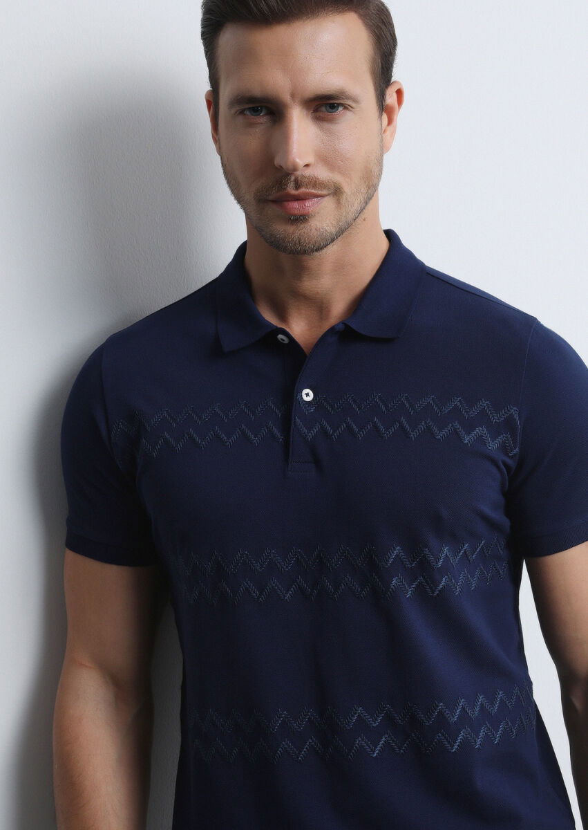 Lacivert Desenli Polo Yaka %100 Pamuk T-Shirt - 2