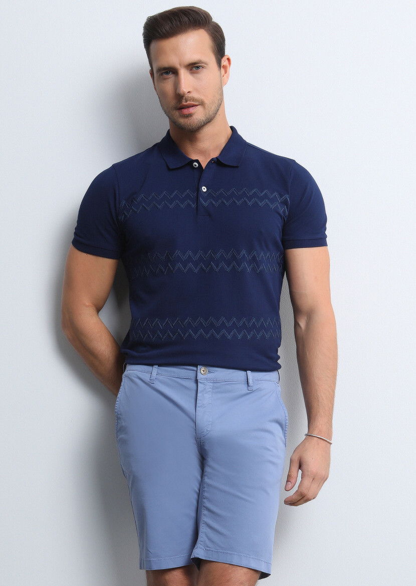 Lacivert Desenli Polo Yaka %100 Pamuk T-Shirt - 3