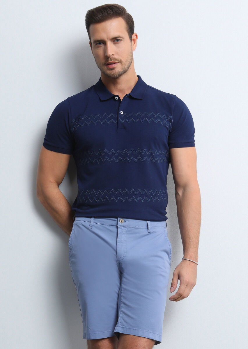 Lacivert Desenli Polo Yaka %100 Pamuk T-Shirt - 3