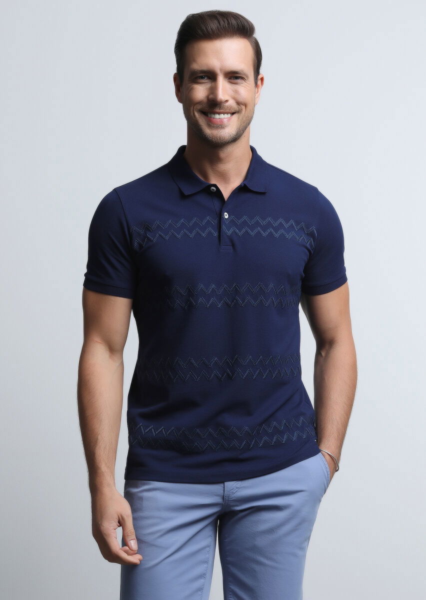 Lacivert Desenli Polo Yaka %100 Pamuk T-Shirt - 4
