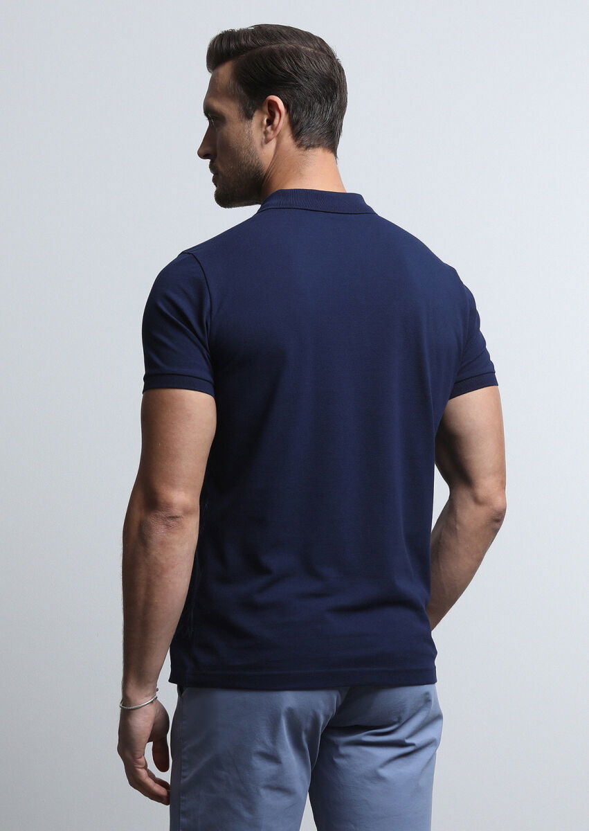 Lacivert Desenli Polo Yaka %100 Pamuk T-Shirt - 5