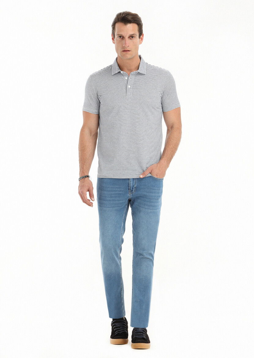 Lacivert Desenli Polo Yaka Pamuk Karışımlı T-Shirt - 1