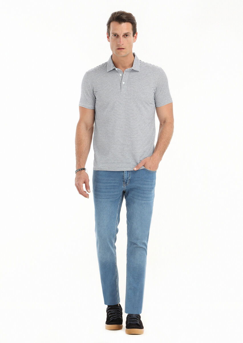 Lacivert Desenli Polo Yaka Pamuk Karışımlı T-Shirt - 1