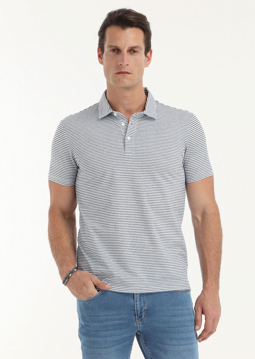 Lacivert Desenli Polo Yaka Pamuk Karışımlı T-Shirt - 2