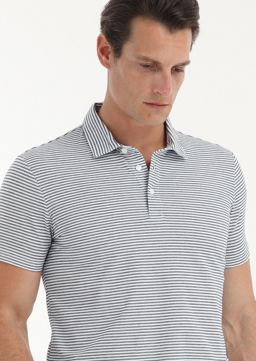 Lacivert Desenli Polo Yaka Pamuk Karışımlı T-Shirt - 3