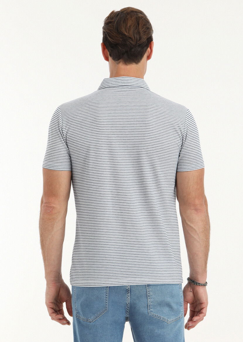 Lacivert Desenli Polo Yaka Pamuk Karışımlı T-Shirt - 4