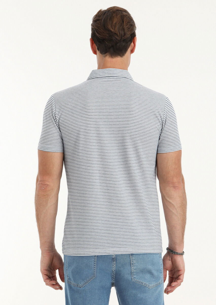 Lacivert Desenli Polo Yaka Pamuk Karışımlı T-Shirt - 4