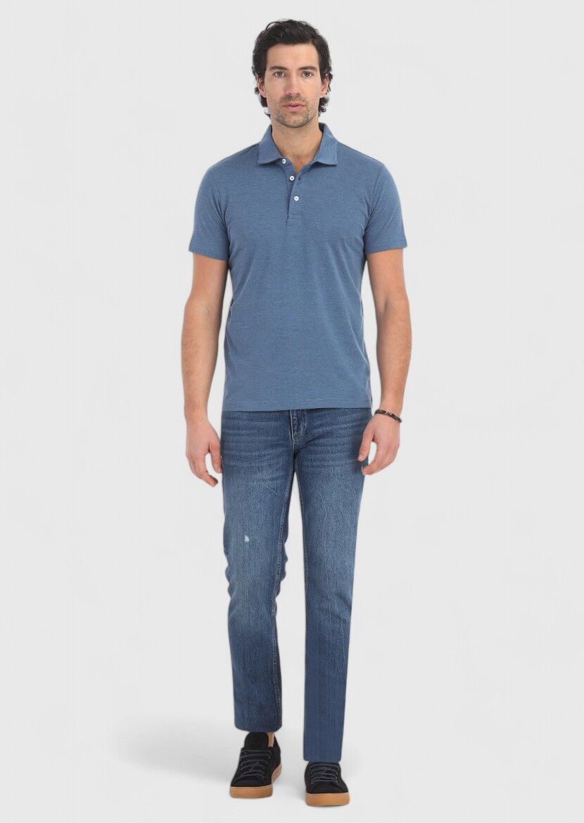Lacivert Desenli Polo Yaka Pamuk Karışımlı T-Shirt 