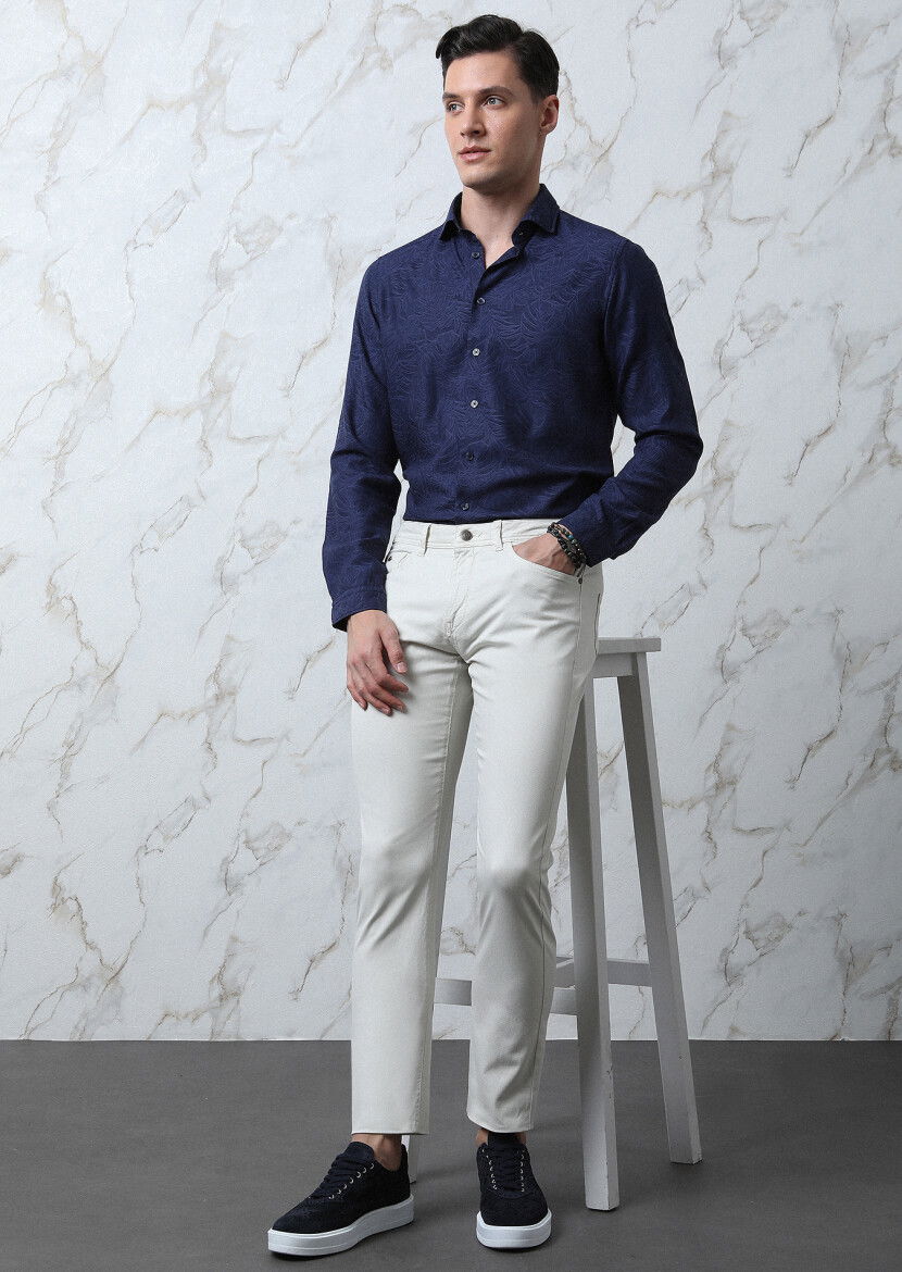 Lacivert Desenli Slim Fit Dokuma Casual Pamuk Karışımlı Gömlek 
