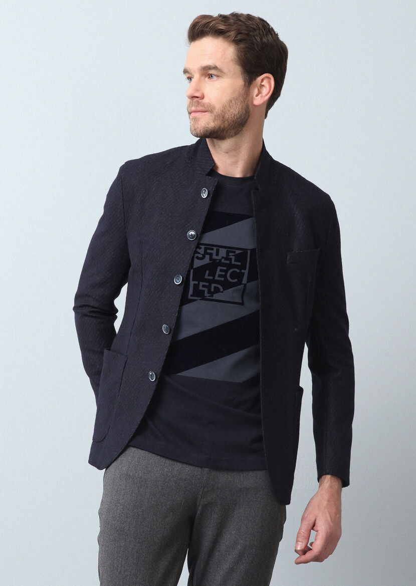Lacivert Desenli Zerogravity Slim Fit Yün Karışımlı Örme Ceket - 1