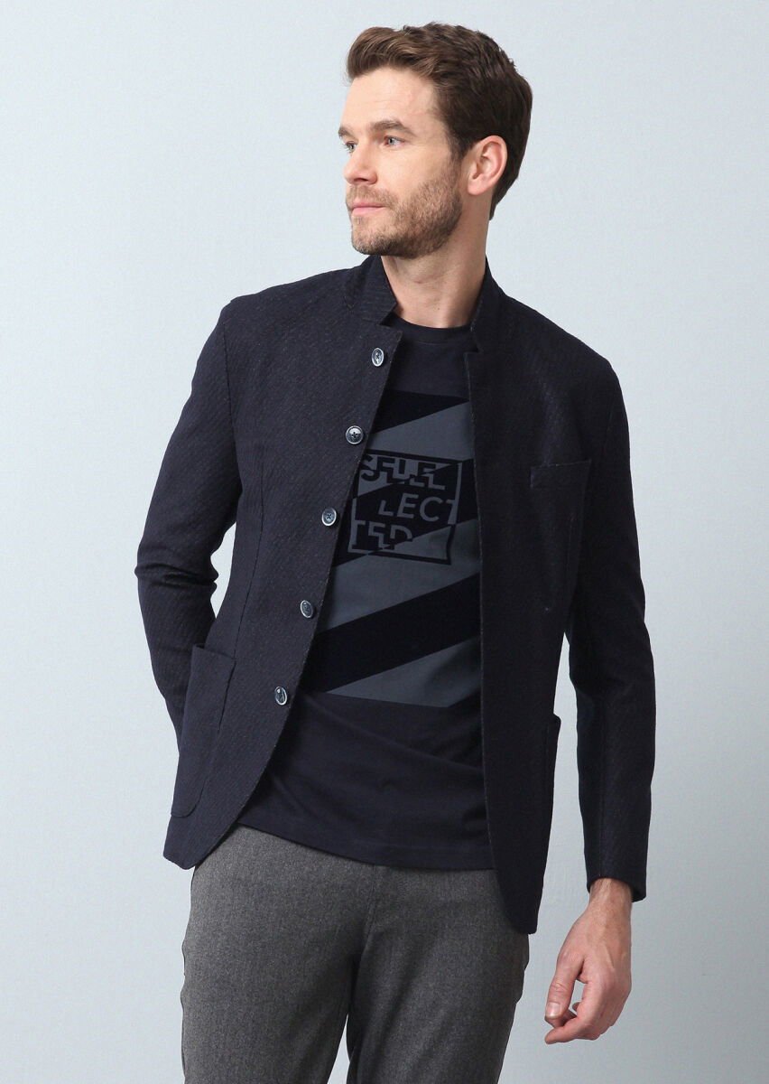 Lacivert Desenli Zerogravity Slim Fit Yün Karışımlı Örme Ceket - 1