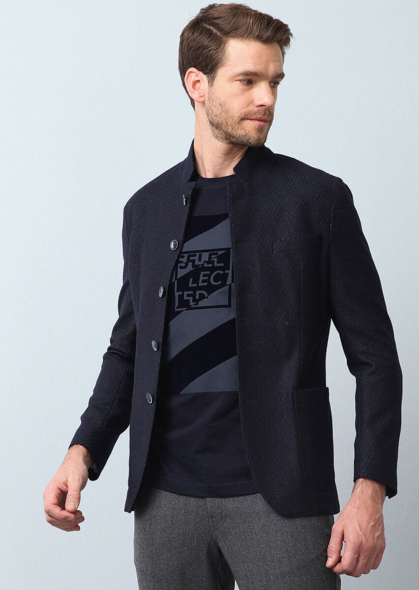 Lacivert Desenli Zerogravity Slim Fit Yün Karışımlı Örme Ceket - 4