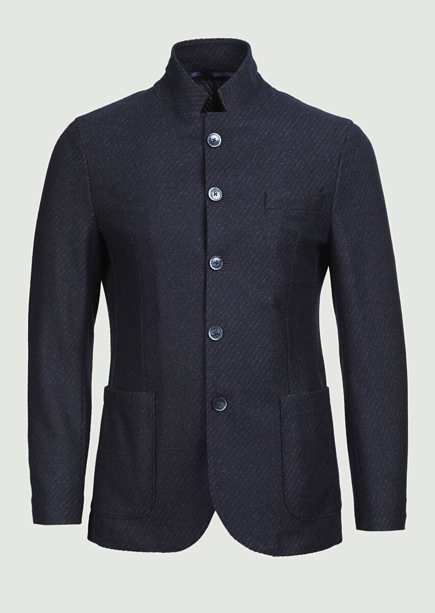 Lacivert Desenli Zerogravity Slim Fit Yün Karışımlı Örme Ceket - 6