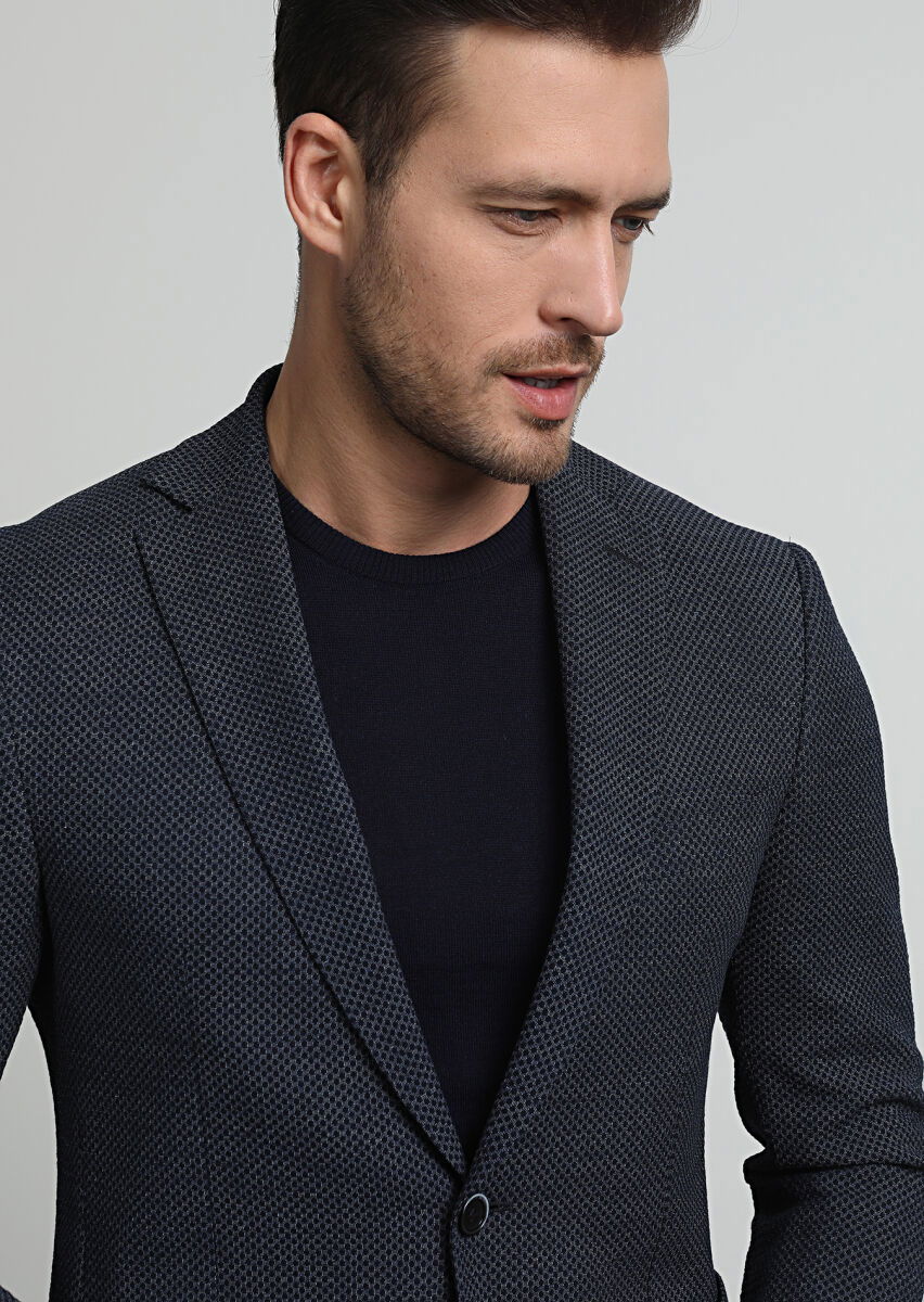 Lacivert Desenli Zeroweight Slim Fit Yün Karışımlı Ceket - 2
