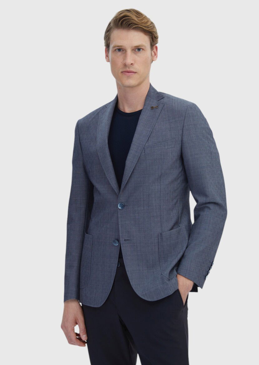 Lacivert Desenli Zeroweight Slim Fit Yün Karışımlı Ceket - 1