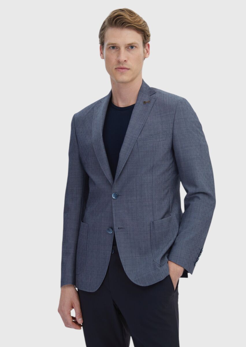Lacivert Desenli Zeroweight Slim Fit Yün Karışımlı Ceket - 1