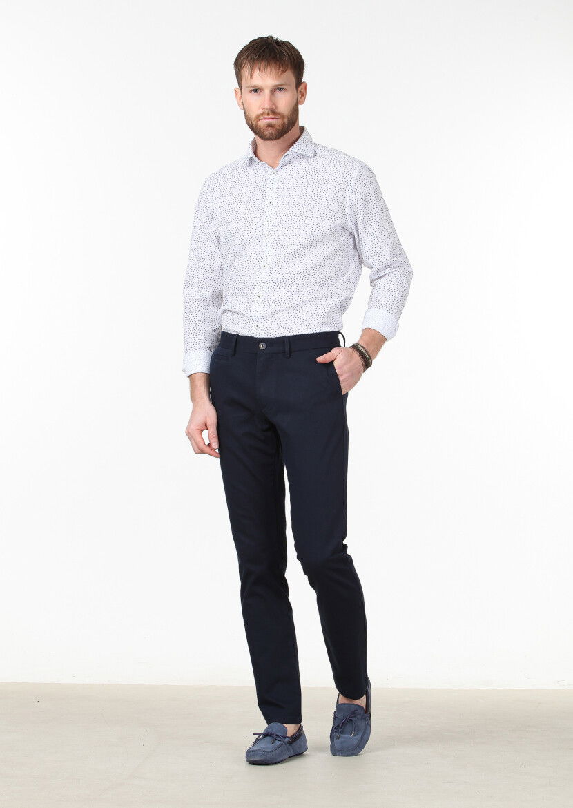 Lacivert Dokuma Regular Fit Casual Pamuk Karışımlı Pantolon 