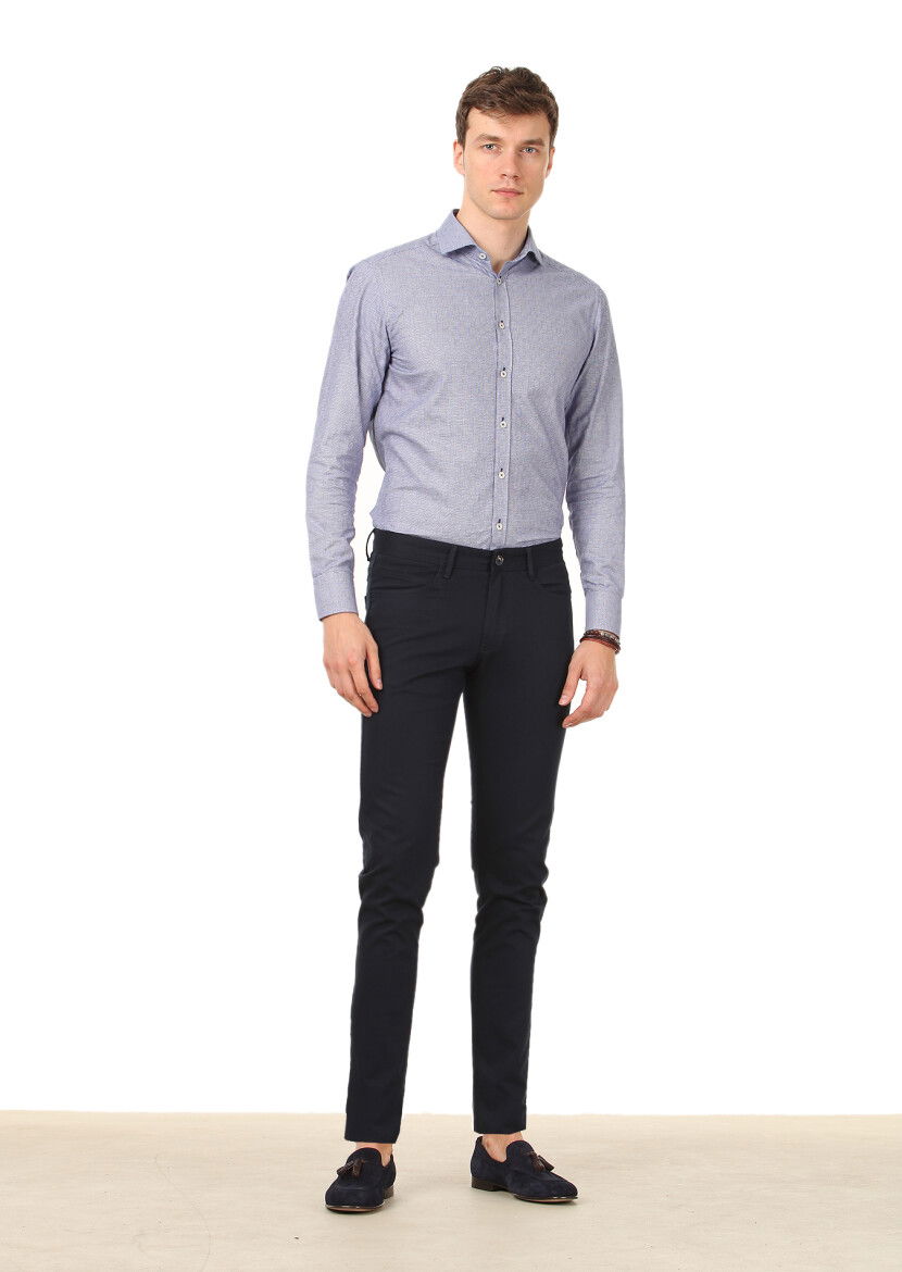 Lacivert Dokuma Slim Fit Casual Pamuk Karışımlı Pantolon 