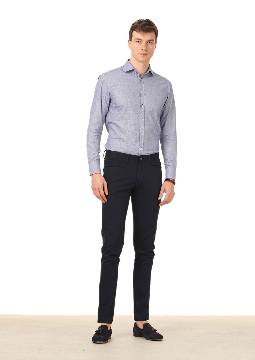 Lacivert Dokuma Slim Fit Casual Pamuk Karışımlı Pantolon - 1