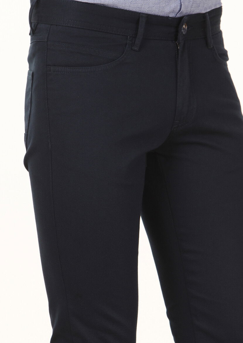 Lacivert Dokuma Slim Fit Casual Pamuk Karışımlı Pantolon - 3