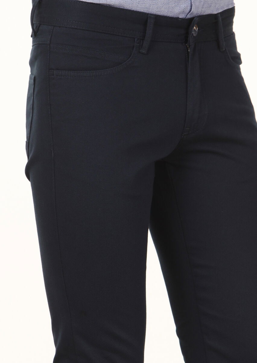Lacivert Dokuma Slim Fit Casual Pamuk Karışımlı Pantolon - 3