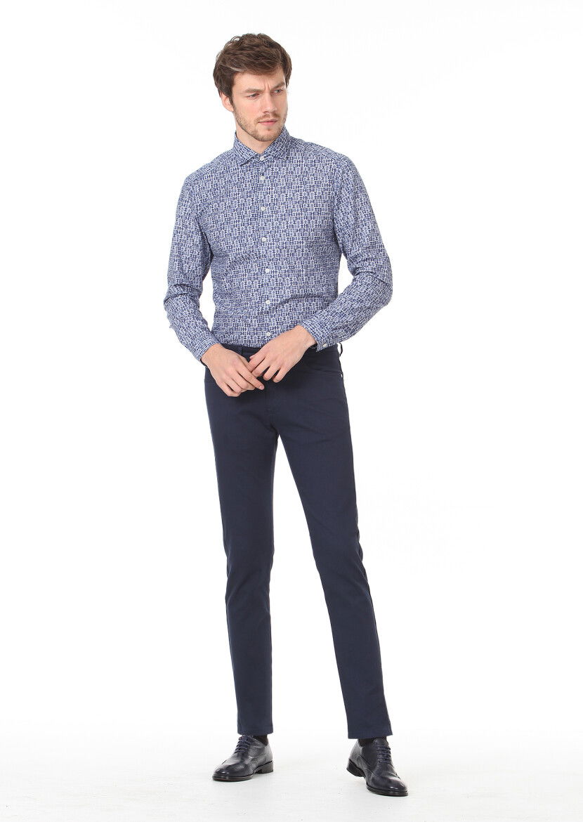 Lacivert Dokuma Slim Fit Casual Pamuk Karışımlı Pantolon 