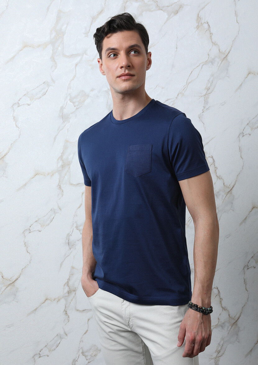 Lacivert Düz %100 Pamuk T-Shirt - 1